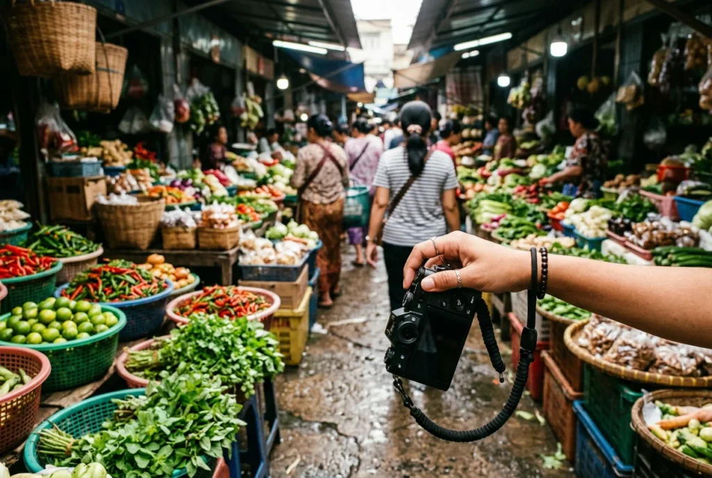 Produce stacked at a busy market stall