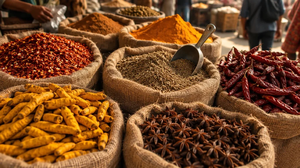 Spices in open sacks at a market stall