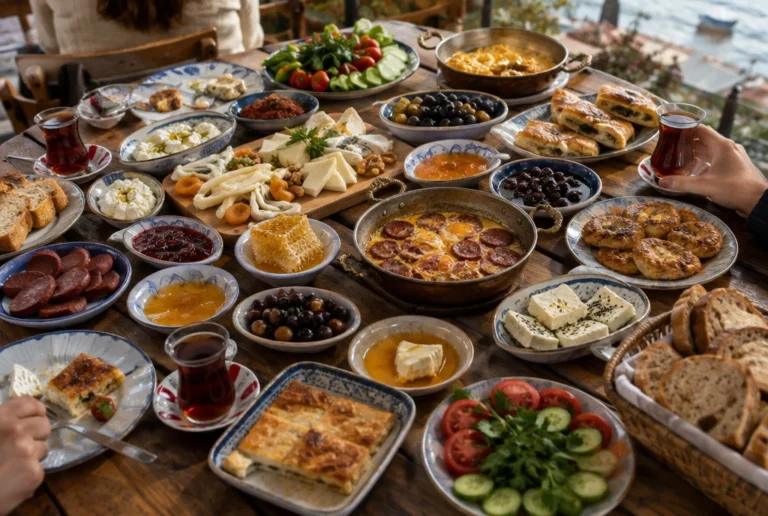 Long Turkish breakfast table covered in small plates