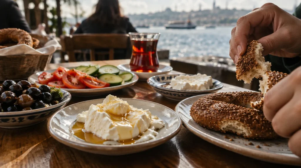 Close-up of small breakfast plates with honey, kaymak and olives