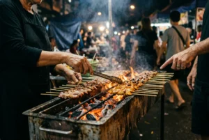 Vendor turning skewers over a charcoal grill at night