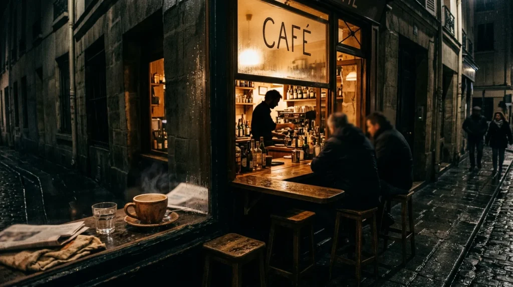 Small neighbourhood café lit at night on a quiet street