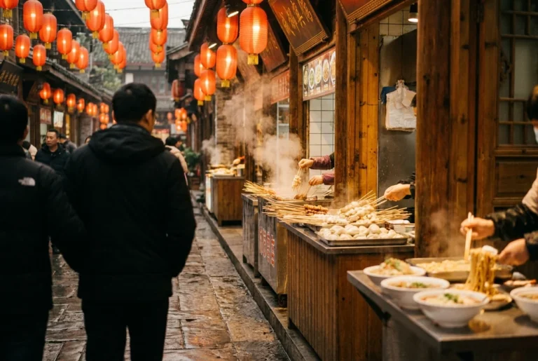 Evening food street in Chengdu with lanterns and steaming stalls