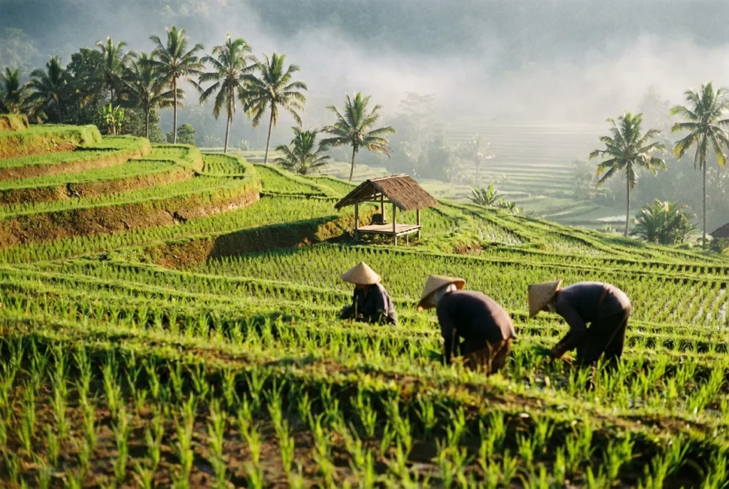 Terraced rice fields near Ubud in morning light