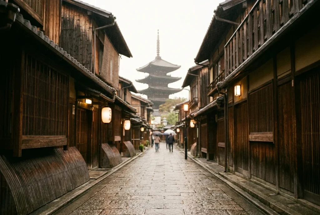Traditional Kyoto lane with wooden houses leading towards a pagoda