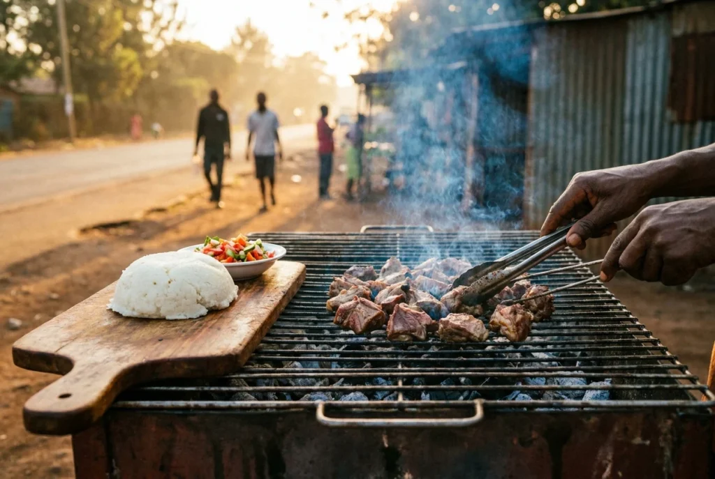 Nyama choma grilling over charcoal at a Nairobi roadside grill
