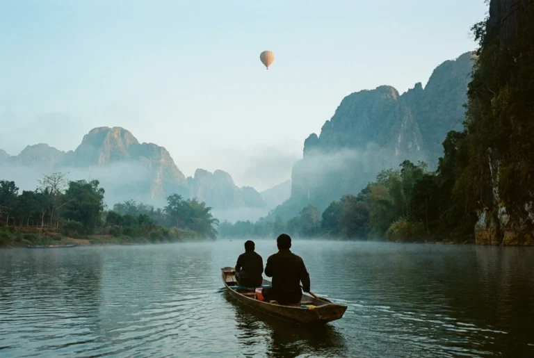 Misty limestone hills along the Nam Song river near Vang Vieng