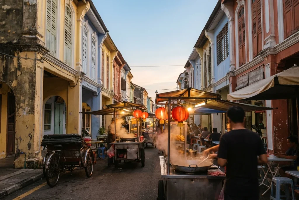 Hawker stalls on a George Town street in Penang at dusk