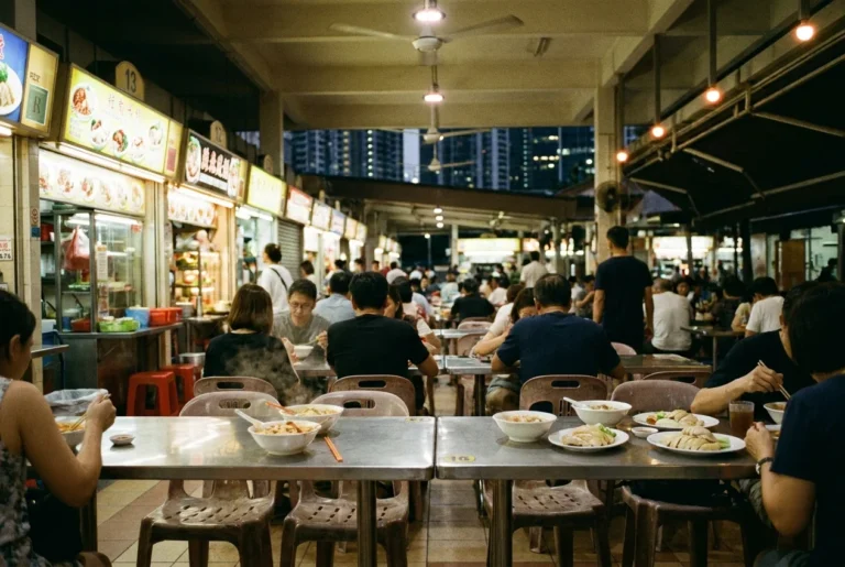 Busy Singapore hawker centre at night
