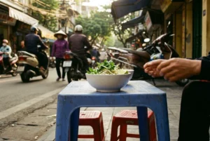Bowl of pho on a low street table in Hanoi's Old Quarter