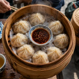 Steamed dumplings in a bamboo basket
