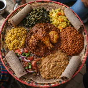Injera topped with colourful stews