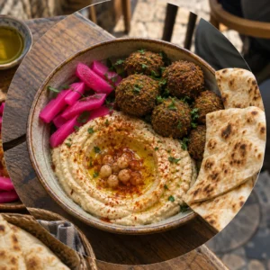 Hummus with olive oil, falafel and flatbread