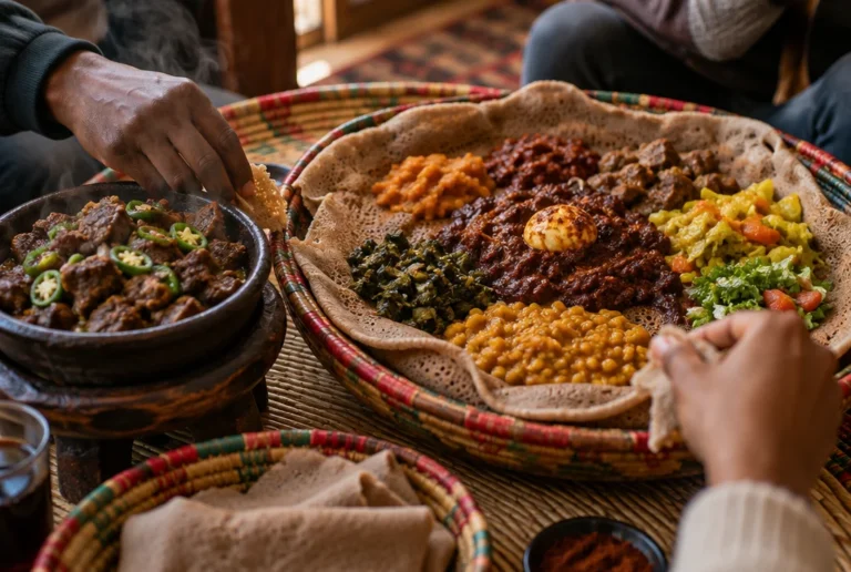 Shekla tibs and a mixed injera platter