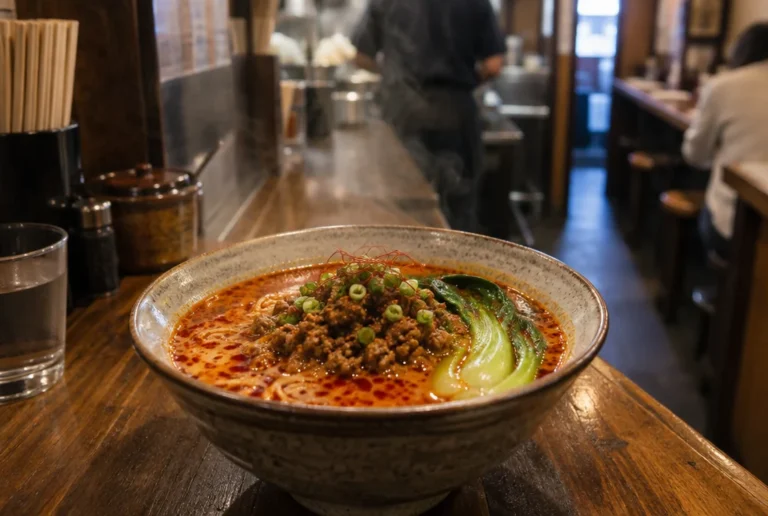 Bowl of spicy tantanmen ramen at a counter