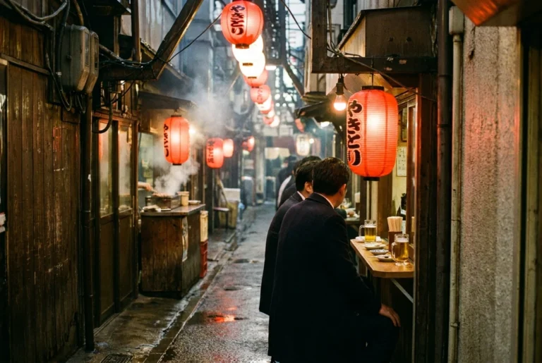 Tiny Tokyo standing bar lit by lanterns in a narrow alley