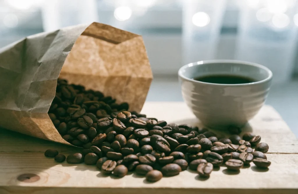 Roasted coffee beans in a kraft bag