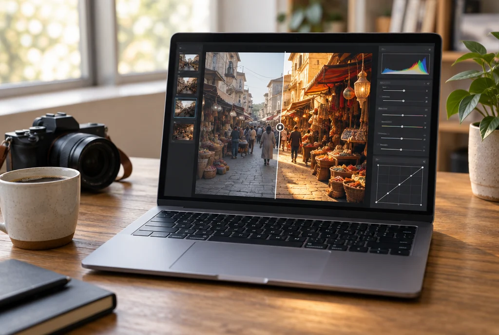 Warm Streets Lightroom Presets shown on a laptop