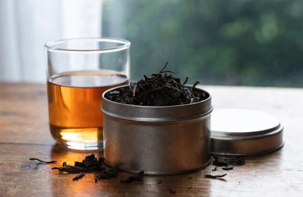 Tea tin and a glass of tea with loose leaves