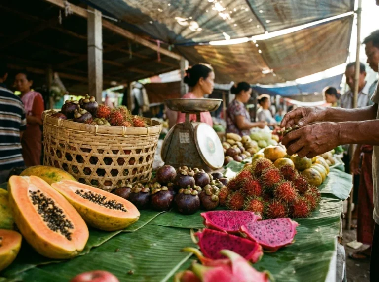 Tropical fruit stacked at a morning market stall