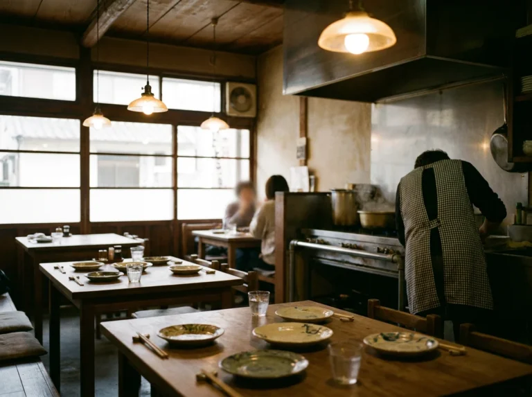 Warm-lit family restaurant with tables ready for dinner