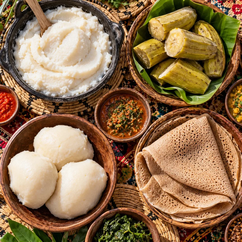Four African staples side by side: white maize porridge, steamed green banana, pounded starch and folded injera