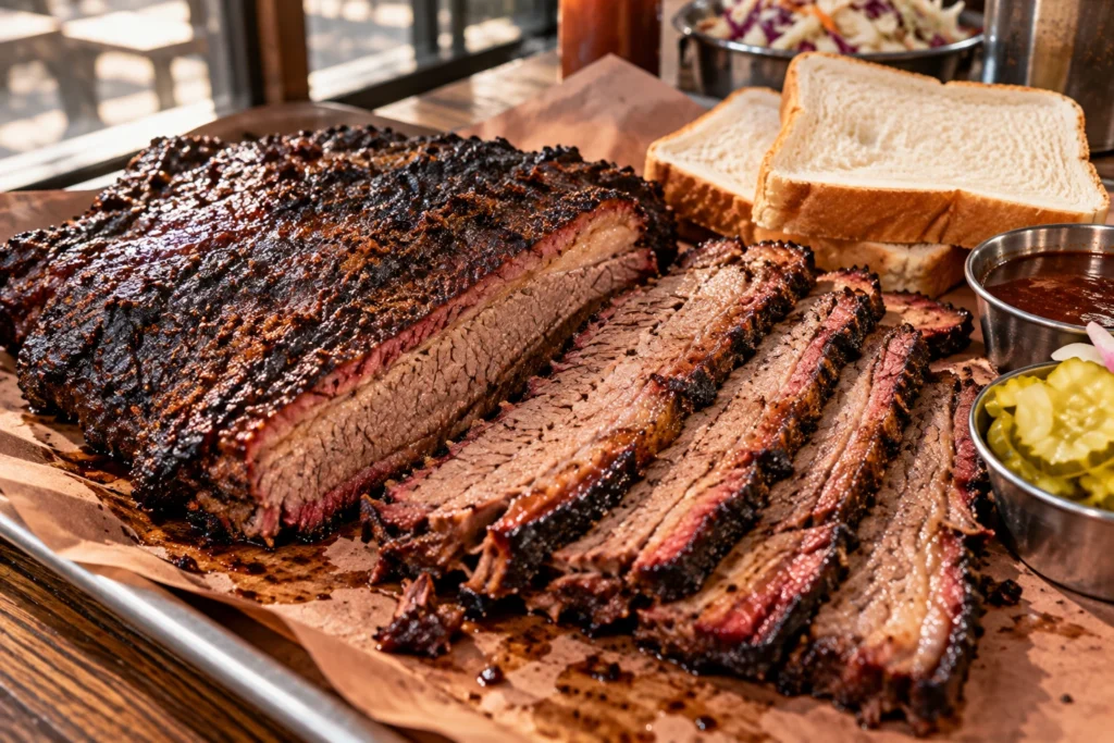 Sliced beef brisket on butcher paper showing dark bark and a visible smoke ring, with white bread, pickles and sauce alongside