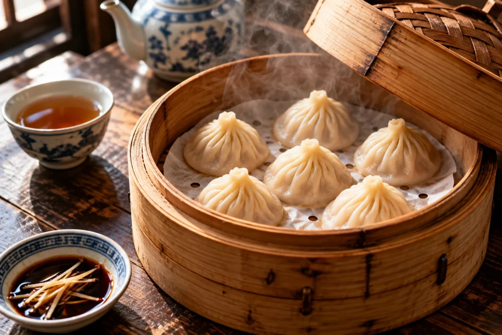 Bamboo steamer opened to reveal six pleated xiaolongbao soup dumplings, steam rising, with black vinegar and shredded ginger alongside
