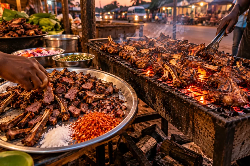 Goat meat grilling over a charcoal trough at dusk with a tray of sliced grilled meat, salt and chilli beside it