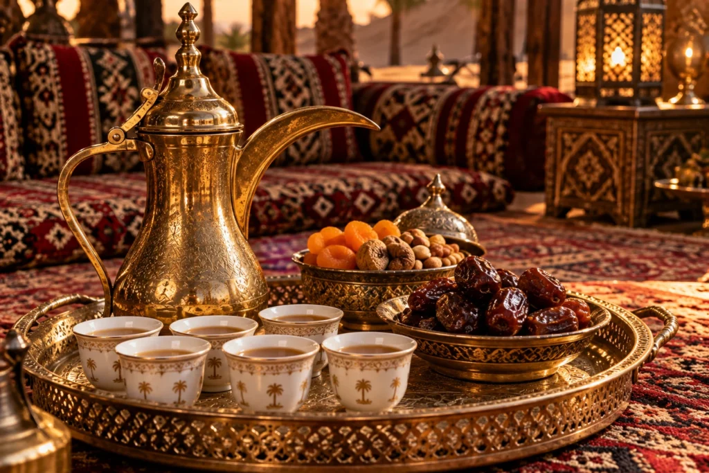 A brass dallah coffee pot with a long curved spout on a tray of small handleless cups, with bowls of dates and dried fruit on a patterned carpet