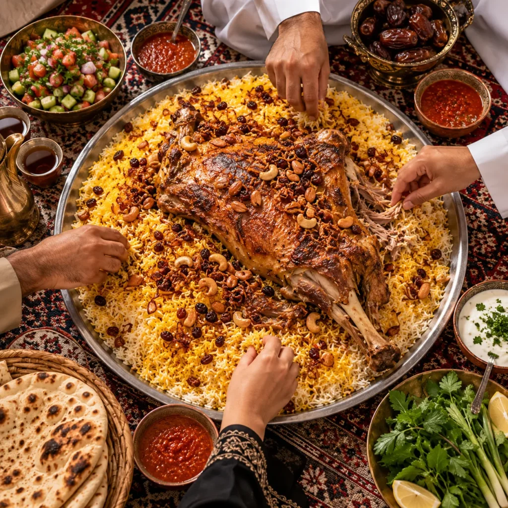 A large communal platter of Gulf spiced rice with a whole roasted lamb shoulder, raisins, nuts and fried onions, with hands reaching in from several sides