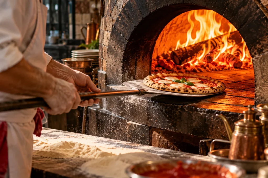 A pizzaiolo sliding a margherita into a wood-fired brick oven on a long peel, flames burning at the back of the dome