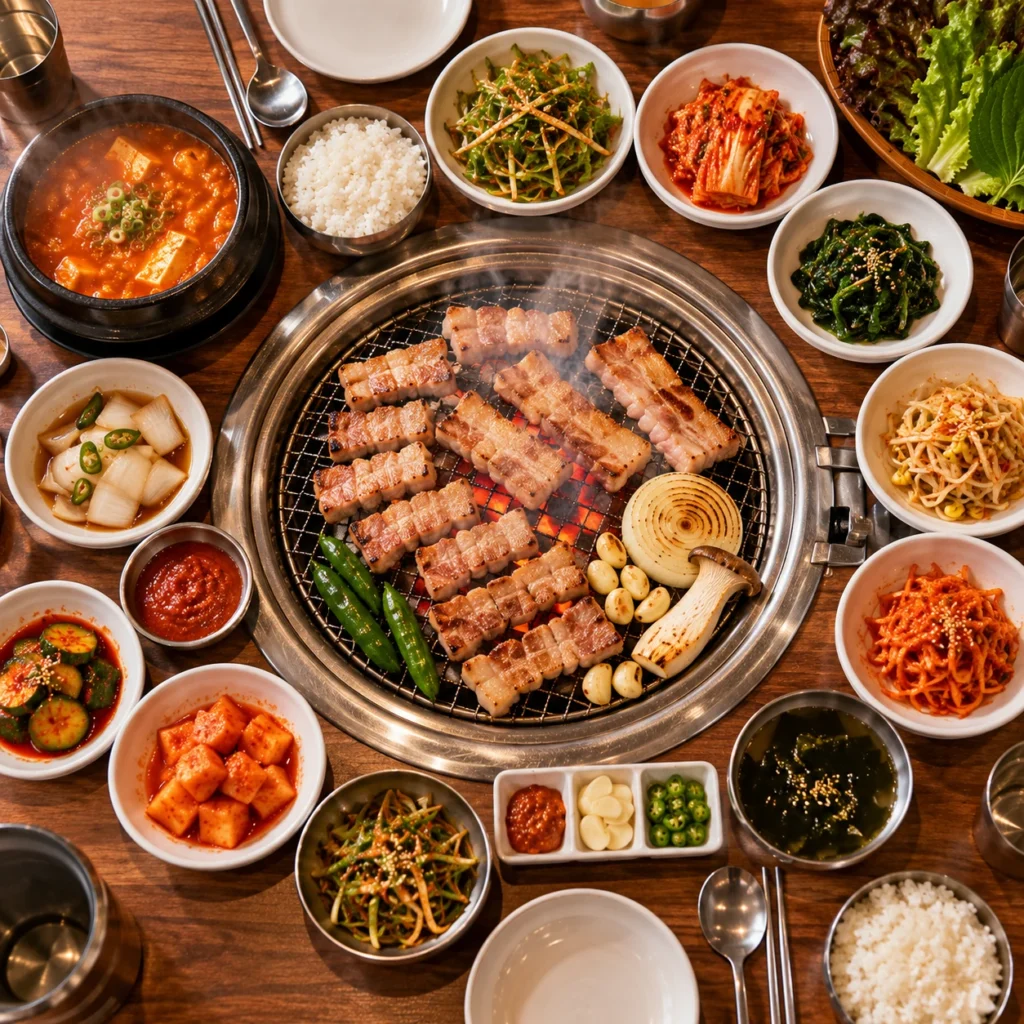Overhead view of a Korean table: a centre grill with pork belly, surrounded by a dozen small dishes of banchan, rice and stew