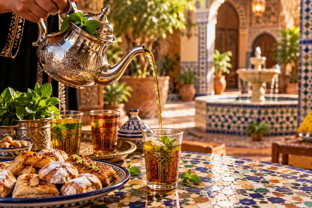 Moroccan mint tea poured from a silver teapot held high above a decorated glass, with almond pastries on a tiled table