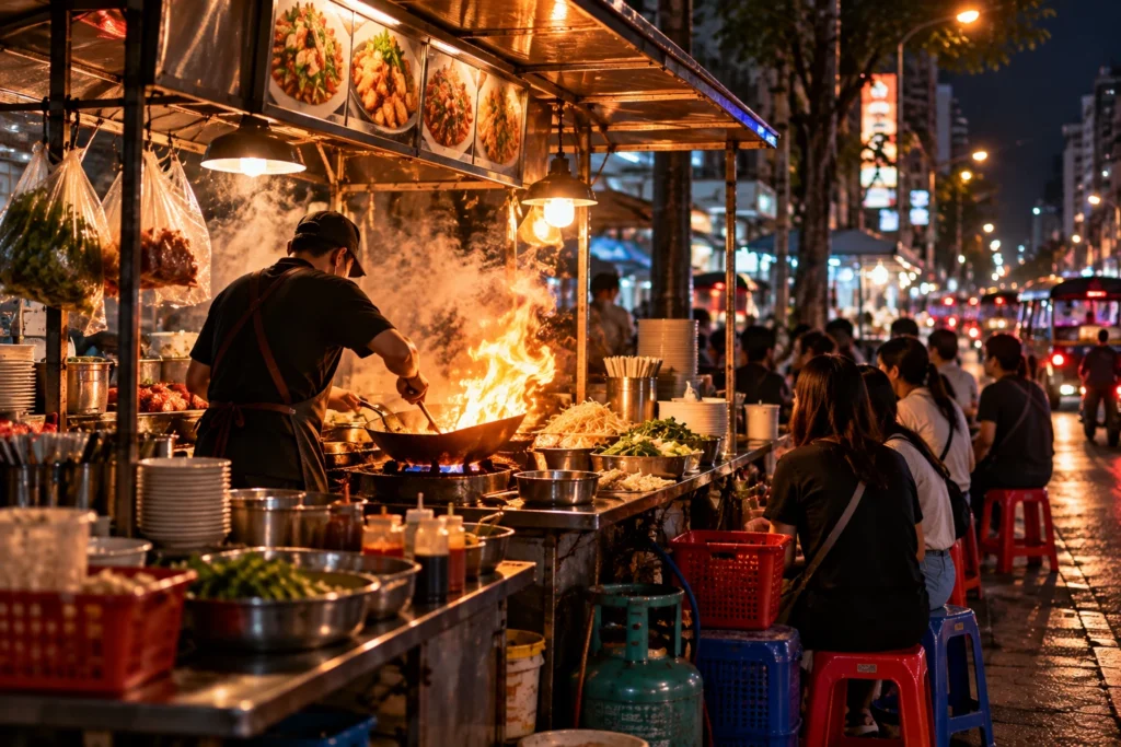 Night street food stall with a cook working a wok over a roaring gas burner, flames rising, customers waiting on plastic stools