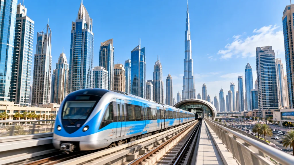 A Dubai Metro train arriving at a station with the Burj Khalifa and Downtown Dubai skyline in the background