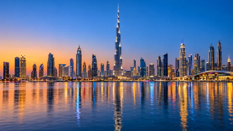 Dubai skyline at sunset reflecting on the water, with the Burj Khalifa lit up at the centre