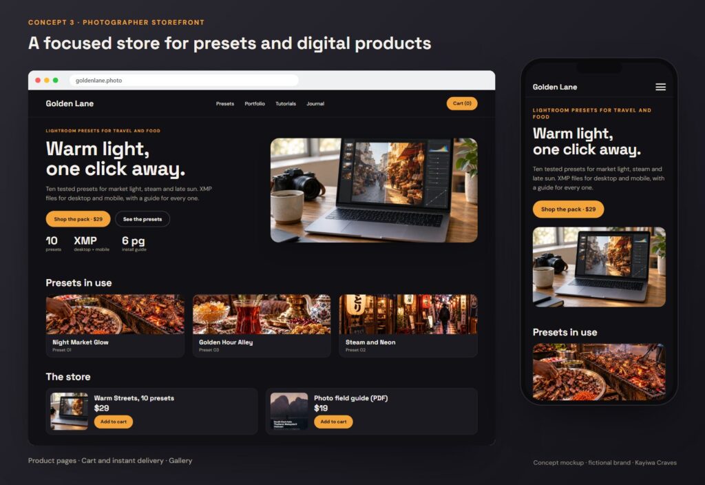Concept mockup of a dark photographer storefront selling Lightroom presets and digital products, shown on a laptop and a phone