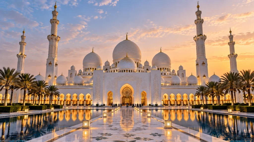 Sheikh Zayed Grand Mosque in Abu Dhabi lit up at sunset, reflecting in the courtyard pools