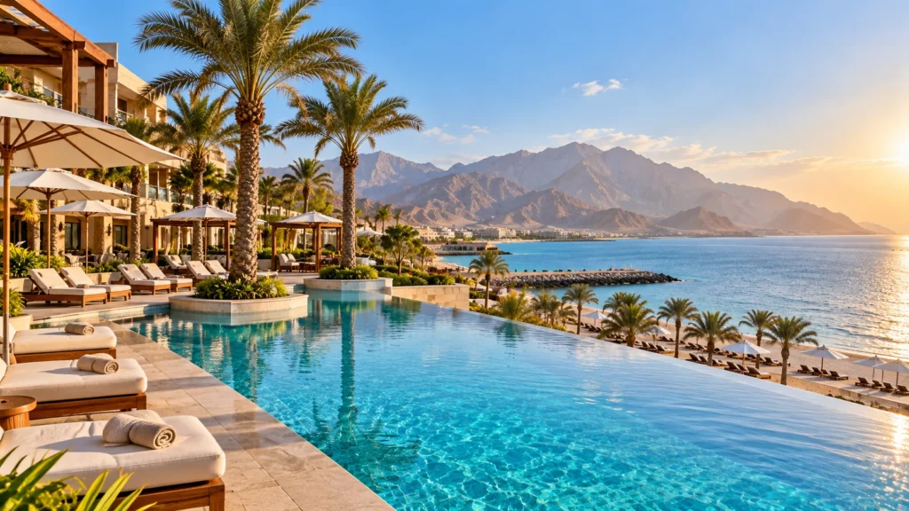 Infinity pool and loungers at a beachfront resort with mountains and the sea in the background, UAE east coast