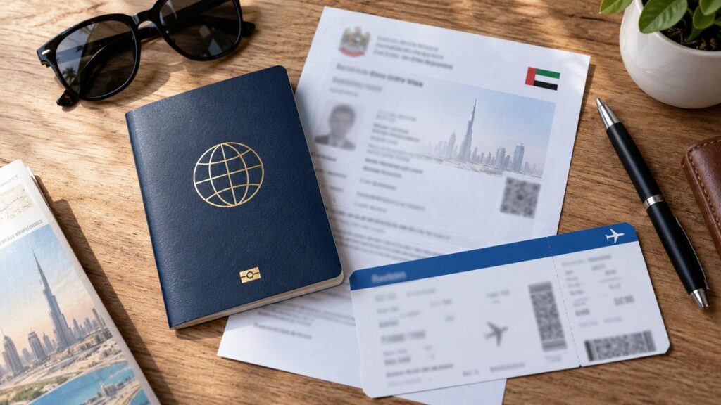Passport, UAE entry visa and boarding pass laid out on a wooden table with sunglasses and a pen