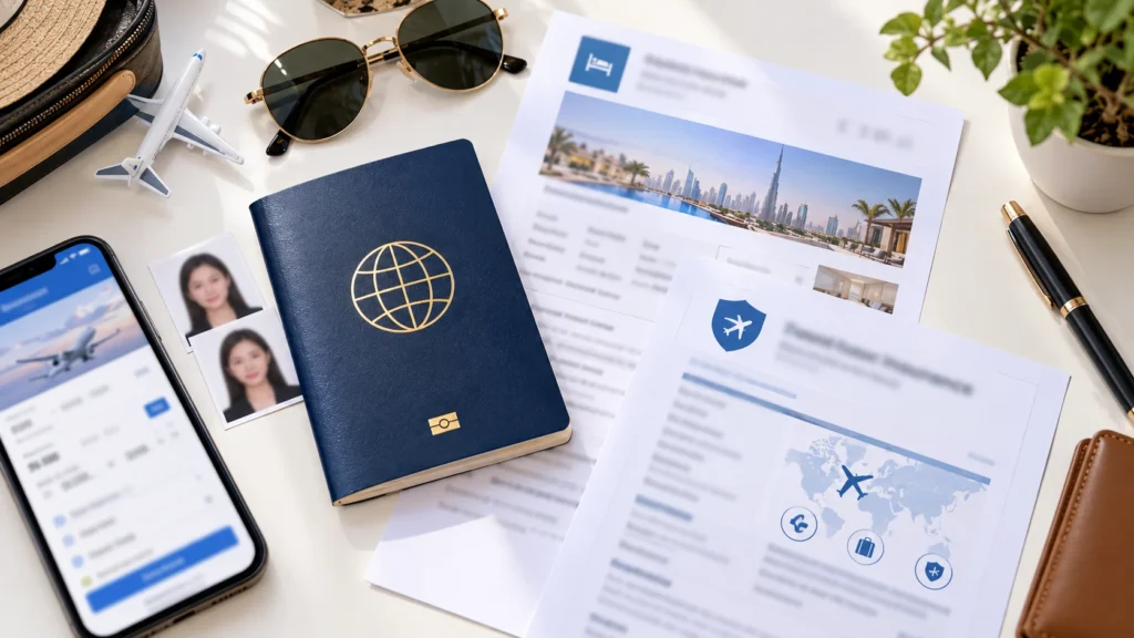 Passport, visa printouts, hotel booking confirmation, travel insurance document and boarding pass laid out together as a document checklist